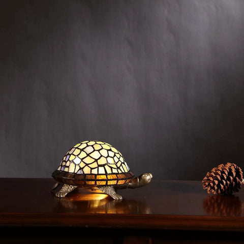 Blue Tiffany Style Stained Glass Accent Table Lamp Night Light For Bedroom And Living Room, turtle design on dark table