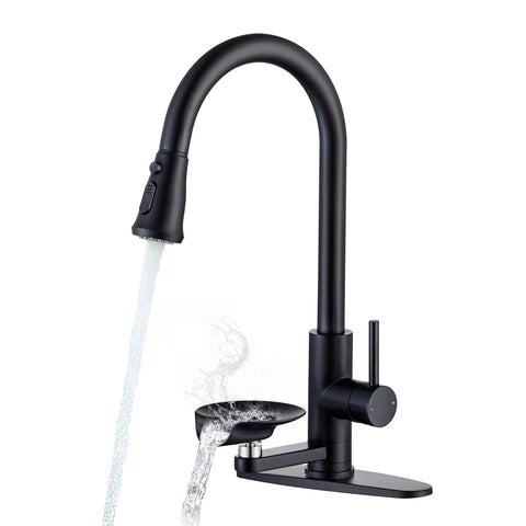 COXOVAY Pull Down Kitchen Faucet with Glass Rinser Single Handle Kitchen Sink Faucet with Pull Out Sprayer, Glass Rinser Faucet for Kitchen Sink 1 Hole or 3 Hole, Black with flowing water.