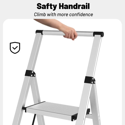 Ultra Lightweight Aluminum 3 Step Ladder Folding Stool With Safety Handrail Heavy Duty 600 Pound Capacity Anti Slip Pedals Slim Fold Design For Home Use And Everyday DIY Projects with safety handrail
