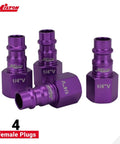 14 Piece Hi Flo V Style One Fourth Inch Purple Anodized Kit For Spray Paints, Sand Blasting, And High CFM Blow Guns, Color Coded Purple For Quick Matches, Durable Aluminum Construction. Close-up of four female plugs, purple anodized aluminum.