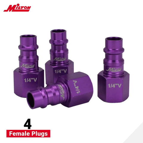 14 Piece Hi Flo V Style One Fourth Inch Purple Anodized Kit For Spray Paints, Sand Blasting, And High CFM Blow Guns, Color Coded Purple For Quick Matches, Durable Aluminum Construction. Close-up of four female plugs, purple anodized aluminum.