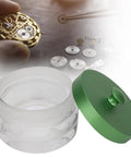 Pro Grade Glass Watch Movement Cleaning Jar with spill-proof lid, durable oil washing container for horologists shown.