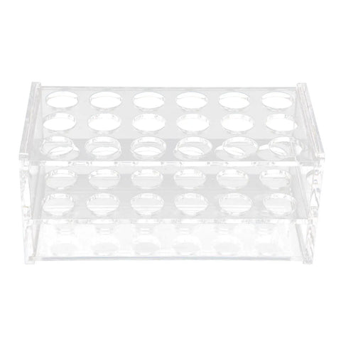 Acrylic Test Tube Rack With 18 Well Holder For 17Mm Tubes, Highly Polished Surface shown from above, clear lab grade organizer