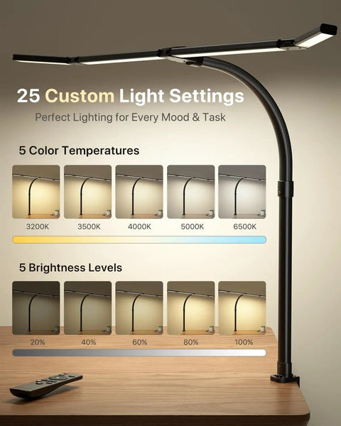 42 Inch LED Desk Lamp With Clamp And Remote Four Panel Architect Light Bar for Wide Even Illumination over desk with settings