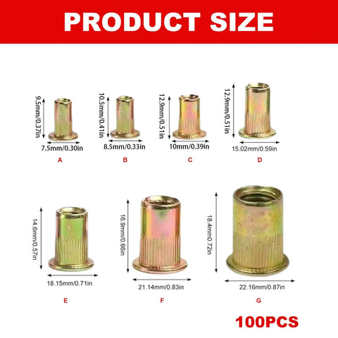 Must Have 100 Piece Metric Rivnut Nutsert Set Flat Head Rivet Nuts In 3mm And 4mm, 5mm And 6mm, 8mm And 10mm, Plus 12mm, Carbon Steel, Blind Insert Nuts, Heavy Duty Fastening Kit For Metalworking And DIY Projects size chart with metric rivnuts A-G