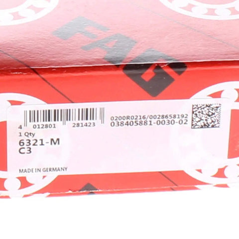 Radial Deep Groove Ball Bearing 6321-M-C3 C3 Clearance box showing details, dimensions, and labeling for industrial applications.