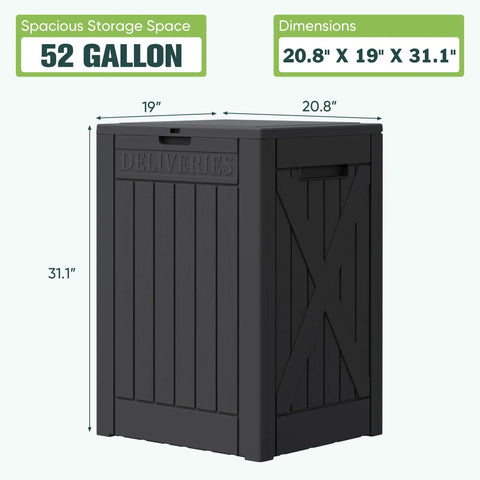 52 Gallon Outdoor Package Delivery Box With Lockable Lid Heavy Duty Double Wall Resin Construction, black, upright view