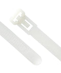 Heavy Duty 6 Inch Releasable Cable Ties In Natural Nylon showing molded head and strap, designed for strong grip and reuse.