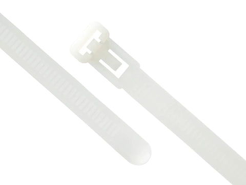 Heavy Duty 6 Inch Releasable Cable Ties In Natural Nylon showing molded head and strap, designed for strong grip and reuse.