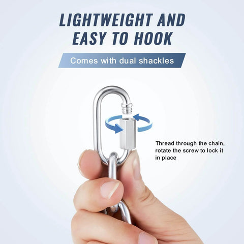Hand holding zinc-plated shackle from Grade 30 Chain Quarter Inch By 100 Feet Zinc Plated Proof Coil Chain For Towing Logging Agriculture And Guard Rails