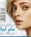 Lash Free Lash Remover Gel For Extensions And Adhesive Bonds bottle next to woman with clear skin; dissolves lash glue like magic