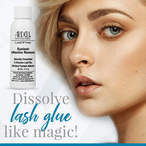 Lash Free Lash Remover Gel For Extensions And Adhesive Bonds bottle next to woman with clear skin; dissolves lash glue like magic