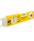 Compact 250mm magnetic torpedo level with three vials and magnetic base, packaged, yellow color, handy pocket tool for job sites.