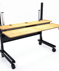 Smooth Bamboo Electric Standing Desk Riser 60 X 30 Inches with motorized lift and rolling casters for home office.