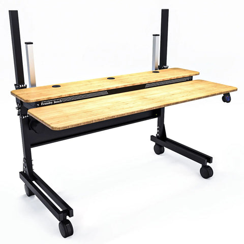 Smooth Bamboo Electric Standing Desk Riser 60 X 30 Inches with motorized lift and rolling casters for home office.
