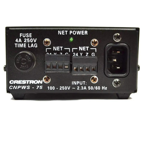 Front view of 75 Watt Cresnet Power Supply 24V Regulated Output with 250 Volt Input, showing connectors and indicators.