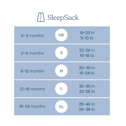 Size chart for Supersoft Wearable Baby Sleep Sack Made From Bamboo Viscose 1.5 TOG 6 To 12 Months Medium Calm Sage.