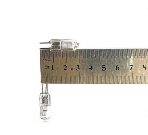 Two 10W G4 Base Halogen Bulb 12V Landscape Lighting 2800K Warm Clear Bi Pin JC Type beside a ruler showing size T3, pack of 10