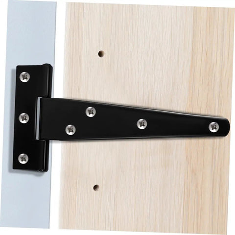 Close-up of eight pack 5 inch black weld on T shaped door hinge in use on wooden door