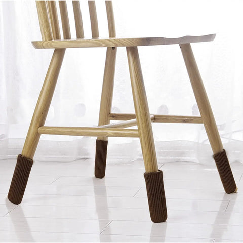 Wooden chair with Coffee Knit Furniture Leg Socks Set, Double Thick Elastic Chair Leg Covers on legs, protecting white floor