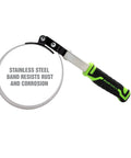 Swivel Oil Filter Wrench For 4-3/4 To 5-3/4 Inch Filters, dimpled steel band grippers, padded TPR handle, rust-resistant.