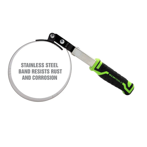 Swivel Oil Filter Wrench For 4-3/4 To 5-3/4 Inch Filters, dimpled steel band grippers, padded TPR handle, rust-resistant.