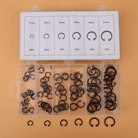 Circlip Retaining Ring Kit 100 Piece Set In 6 Sizes From 11mm To 21mm Snap Ring Assortment in a clear plastic box
