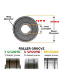 Stainless Steel Welding Feed Roller 0.9mm V Groove For 201 221 Feeder Drive Rollers diagram showing dimensions and groove types