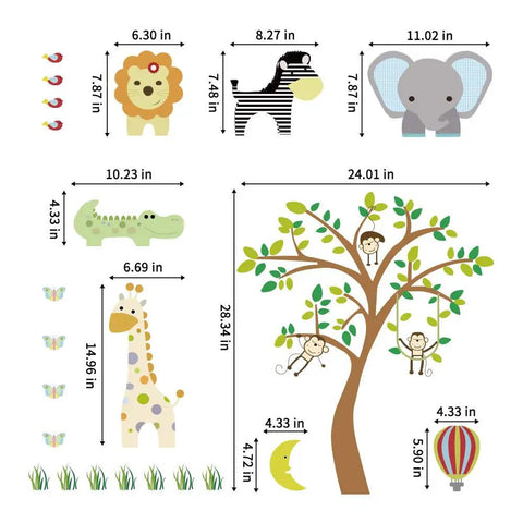Kid Friendly Jungle Animal Wall Stickers Set With DIY Monkey Elephant Giraffe Zebra Lion Bird Tree Moon And Hot Air Balloon Vinyl Forest Decor For Baby Nursery Kids Room Removable Non Toxic Safe For Children showing dimensions of animals and tree design.