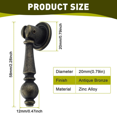 Vintage Cabinet Pulls 2 Pack Antique Bronze Pendant Handles 58x20mm for Cabinets Drawers Zinc Alloy with Dimensions Displayed