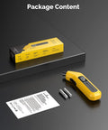 Front view of yellow HYVOHEX digital tire pressure gauge with LED backlit display; includes AAA batteries and instruction sheet.