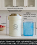 Road Trip Ready Breast Milk Cooler With Digital Temp Gauge Keeps Your Fresh Stash Cold Up To 24 Hours Double Wall Vacuum Insulated Stainless Steel Nursing Carrier Bpa Free Spill Safe with size measurements on kitchen counter.