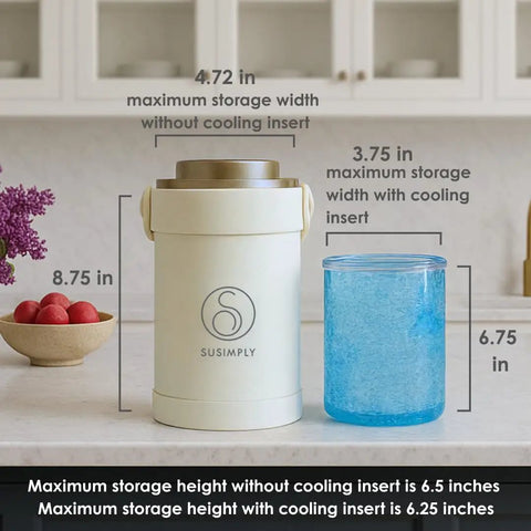 Road Trip Ready Breast Milk Cooler With Digital Temp Gauge Keeps Your Fresh Stash Cold Up To 24 Hours Double Wall Vacuum Insulated Stainless Steel Nursing Carrier Bpa Free Spill Safe with size measurements on kitchen counter.
