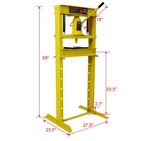 Tough As Nails 20 Ton Hydraulic Shop Press With Solid Steel H Frame Construction Perfect For Garage Mechanics Punching Out Old Bushings And Pressing New Bearings Without Breaking A Sweat In Classic Yellow, dimensions 59 x 27.5 x 23.5 inches.