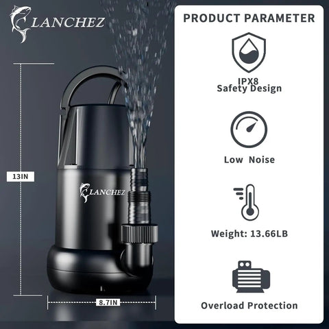 Heavy Duty 1 HP Submersible Sump Pump With 4700 GPH Flow, thermoplastic utility pump, 13-inch height, 8.7-inch width
