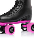 Black roller skate with pink wheels, similar to 8 Pack 58Mm By 39Mm Indoor Quad Roller Skate Wheels For Speed Artistic Jam Rink And Rhythm Skates Arena-Ready PU Wear-Resistant Smooth Fast Glide With High Carbon Steel Bearings Blue 88A