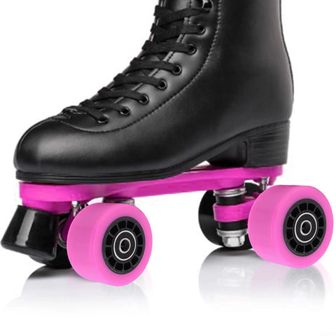 Black roller skate with pink wheels, similar to 8 Pack 58Mm By 39Mm Indoor Quad Roller Skate Wheels For Speed Artistic Jam Rink And Rhythm Skates Arena-Ready PU Wear-Resistant Smooth Fast Glide With High Carbon Steel Bearings Blue 88A