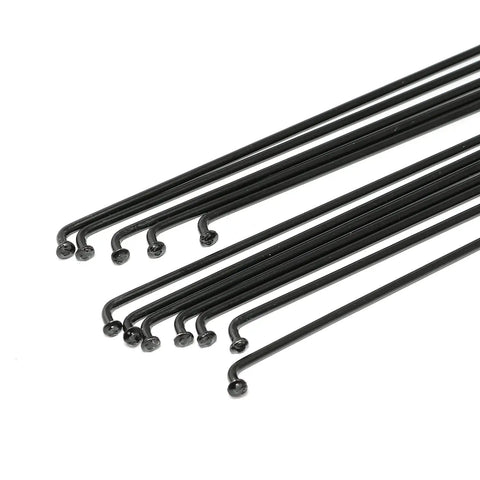 14G MTB Spokes With Nipples, 260mm, 304 Stainless Steel, Black Finish, 12 Pack, laid out showing hooked ends, durable and rust resistant