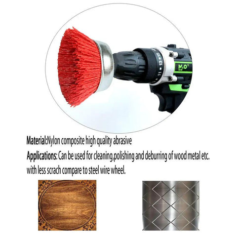 Three Piece Cup Brush Set With Nylon Composite Abrasive For Drills attached to drill for cleaning surfaces