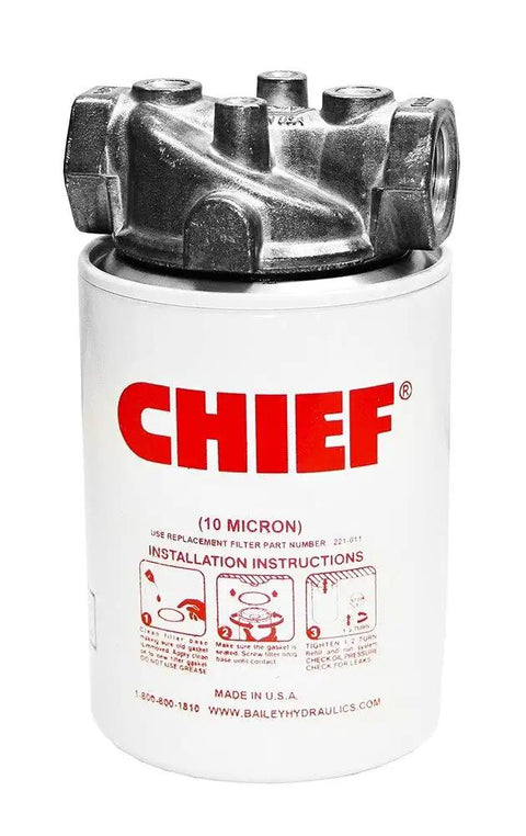 Beefed Up Spin On Hydraulic Filter With Indicator Port For Low Pressure Return Line And Suction Side In Hydraulic Systems 25 GPM 250 PSI Three Quarters Inch NPTF Port Ten Micron Filtration Model 226006