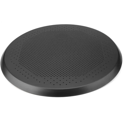 16 Inch Perforated Pizza Pan With Holes For Oven, Heavy Duty Aluminum Round Crisper Baking Tray in black, top view.