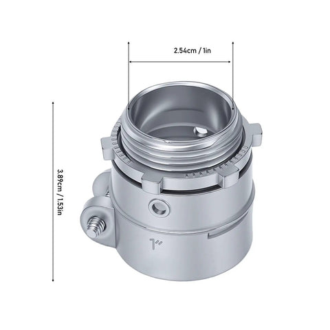 Dead On One Inch Squeeze Conduit Connector Heavy Duty Die Cast Zinc Alloy Electrical Wire Clamp showing dimensions and connectors.