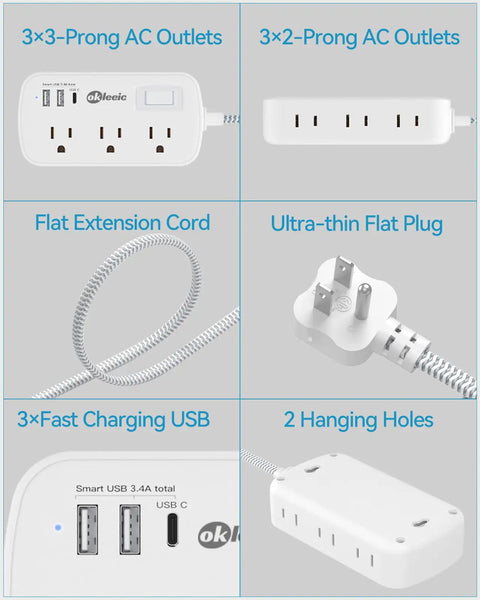 Two Foot Short Extension Cord Power Strip With Flat Plug Six Outlets And Three USB Ports 5V 3.4A 17W Surge Protector Space Saving Desk Mountable Wall Outlet Splitter For Home Office Dorm Room White with 2ft cord and flat plug