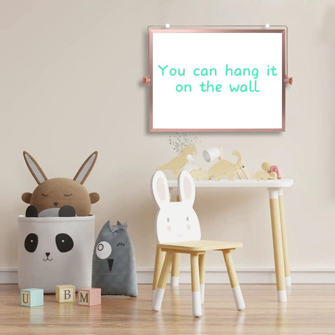 Rose Gold Magnetic Desktop Dry Erase Whiteboard Double Sided With Stand 16 By 12 Inches in child's room with toys