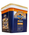 Image of a 20kg bucket labeled Joint-It Simple, showcasing Easy To Use Polymeric Sand Alternative For Pavers And Flagstones, Haze Free Joint Filler For Wet Application, 44Lb Bucket In Neutral Color, Quick 4 Step Install, Long Lasting Patio Joint Sand For Slabs And Paths.