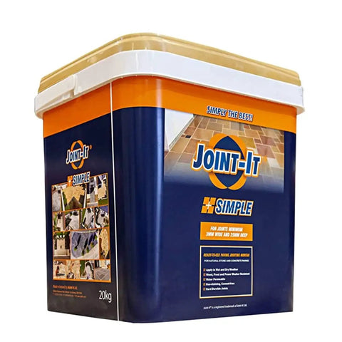 Image of a 20kg bucket labeled Joint-It Simple, showcasing Easy To Use Polymeric Sand Alternative For Pavers And Flagstones, Haze Free Joint Filler For Wet Application, 44Lb Bucket In Neutral Color, Quick 4 Step Install, Long Lasting Patio Joint Sand For Slabs And Paths.