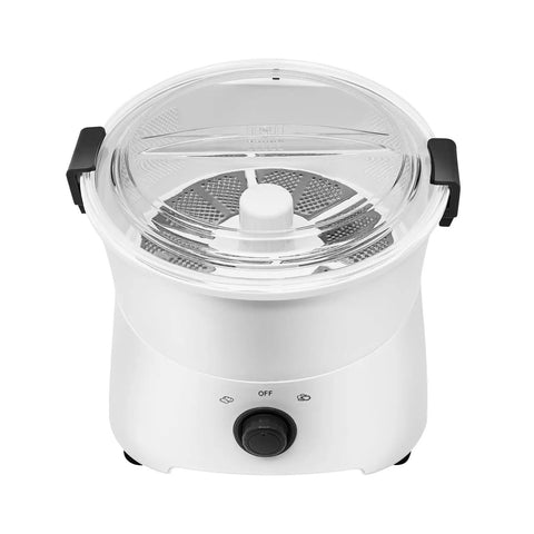 Professional Electric Potato Peeler And Auto Vegetable Spinner, one button corded motor tool with transparent lid and controls.