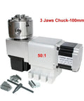 Heavy Duty CNC Rotary Axis Fourth And Fifth Index Head With Harmonic 50 To 1 Drive Nema 34 Stepper Motor, 100mm 3-jaw chuck.