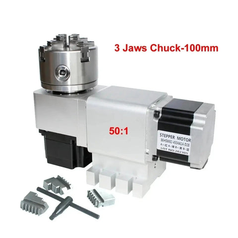 Heavy Duty CNC Rotary Axis Fourth And Fifth Index Head With Harmonic 50 To 1 Drive Nema 34 Stepper Motor, 100mm 3-jaw chuck.