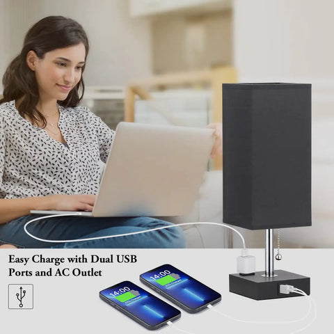 Bedside Lamp With USB C And USB A Ports And AC Outlet Compact Nightstand Table Lamp For Bedroom Or Desk Black Finish Charge Three Devices At Once Everyday Use For Any Nightstand Or Desk Setup